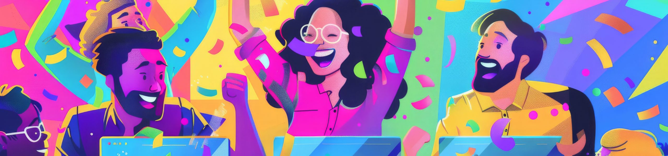 Animated virtual trivia game, vibrant colors, diverse group of remote workers on computer screens, expressions of excitement and laughter, digital confetti